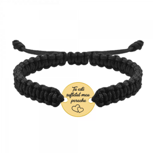 Bratara argint banut 16 mm si snur negru impletit - personalizata cu text - placat cu aur galben de 24 karate